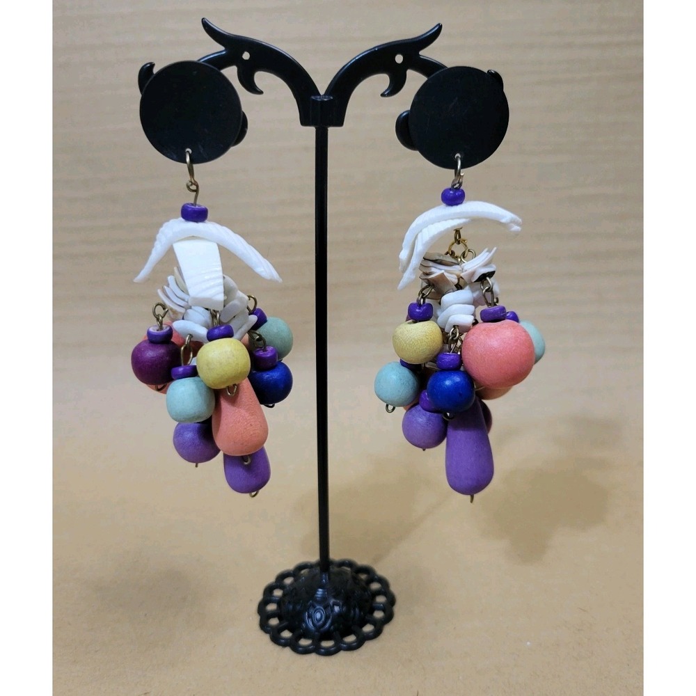 Vintage Colorful Wood Bead and Shell Cluster Dangle Statement Earrings Size 3in